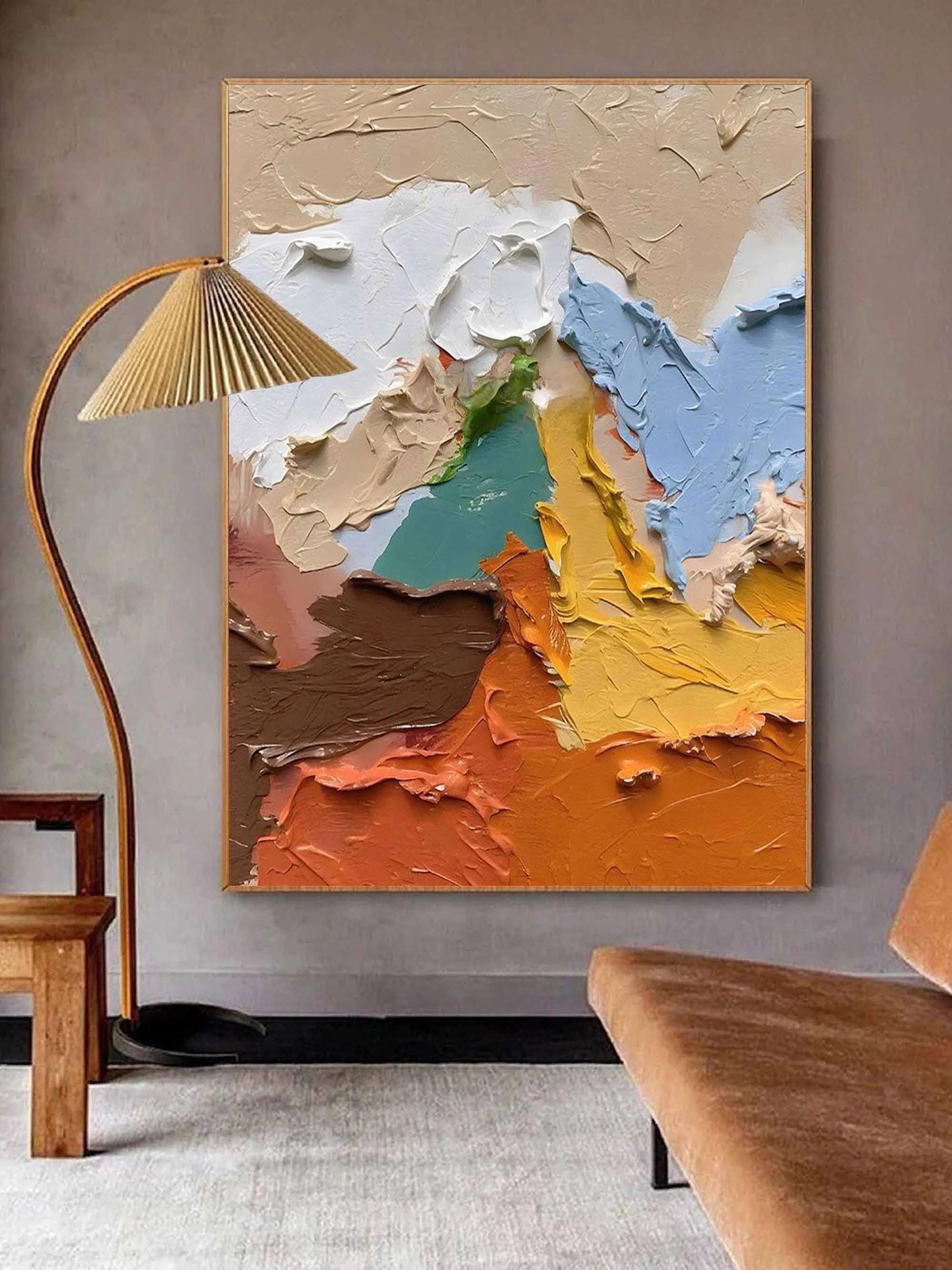 Multicolor Textured Abstract Oil Painting - Earthy Tones With Bold Palette Knife Strokes - Artwallpainting