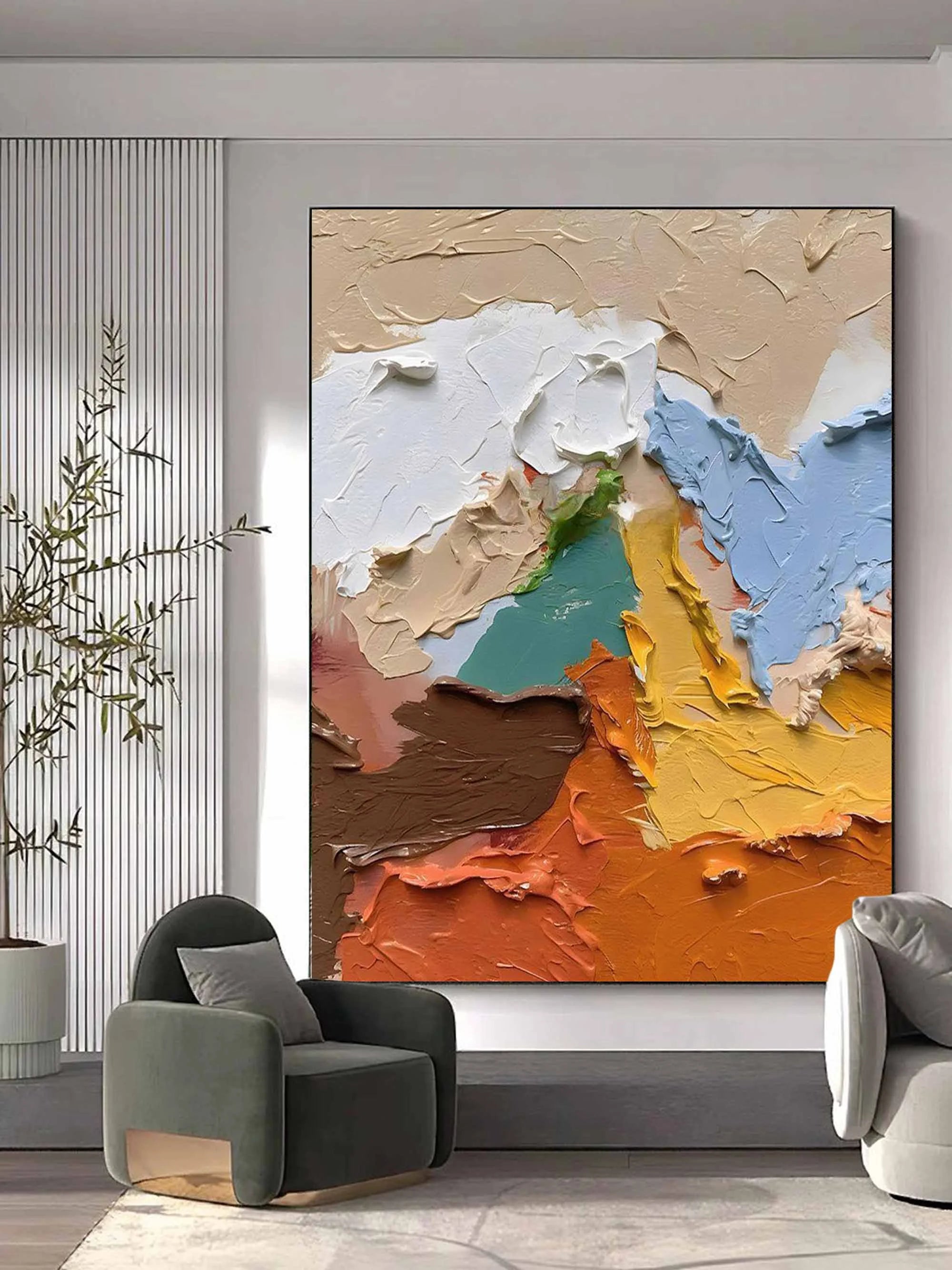 Multicolor Textured Abstract Oil Painting - Earthy Tones With Bold Palette Knife Strokes - Artwallpainting