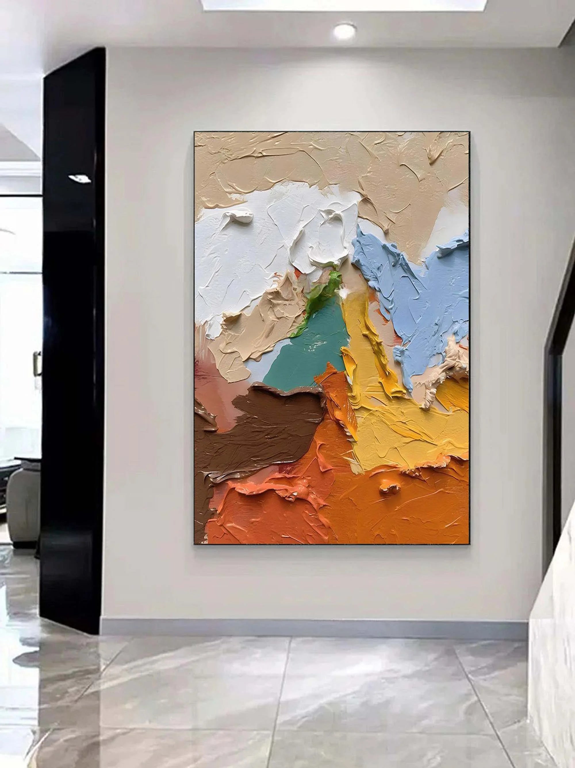 Multicolor Textured Abstract Oil Painting - Earthy Tones With Bold Palette Knife Strokes - Artwallpainting