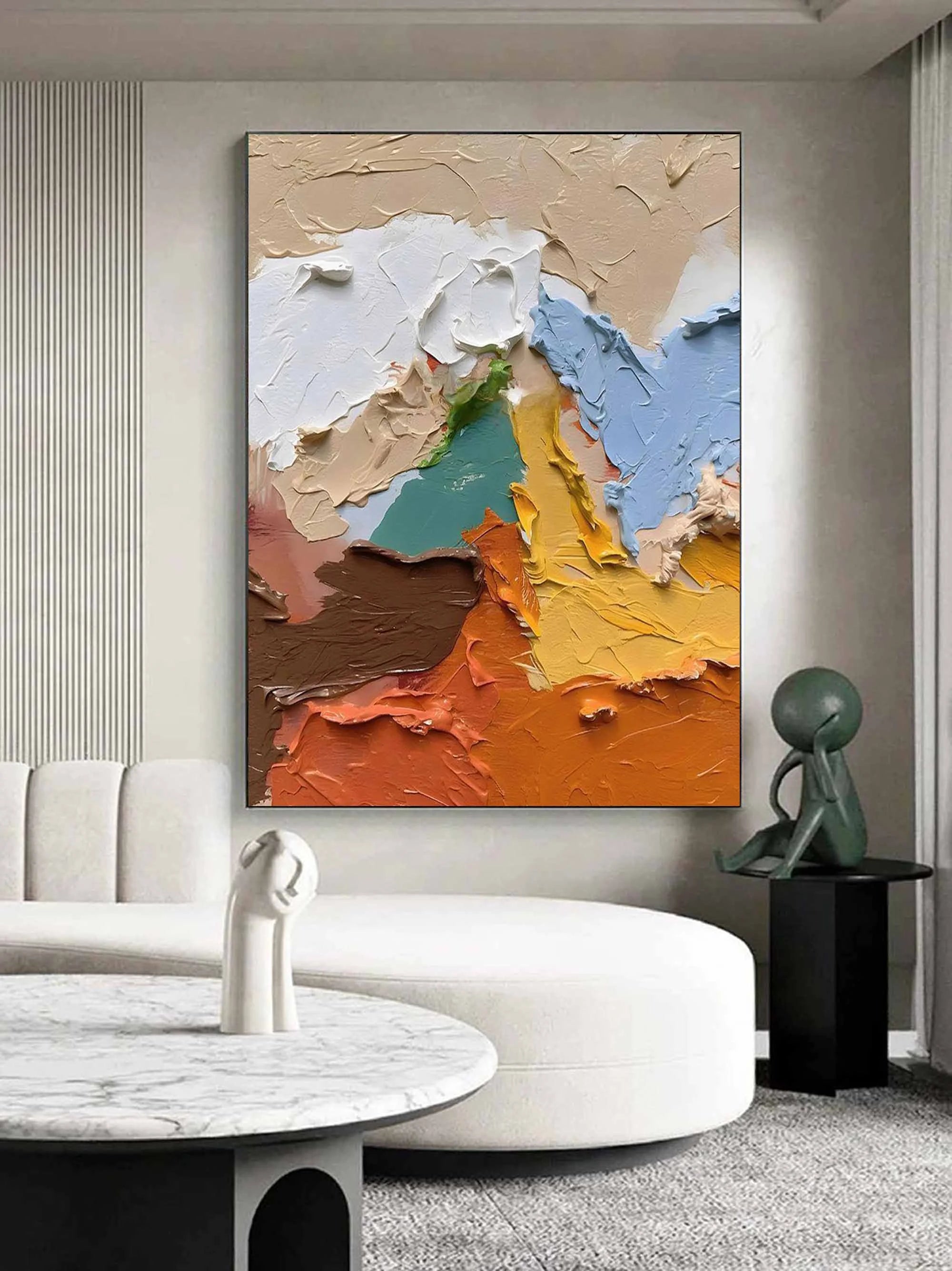 Multicolor Textured Abstract Oil Painting - Earthy Tones With Bold Palette Knife Strokes - Artwallpainting