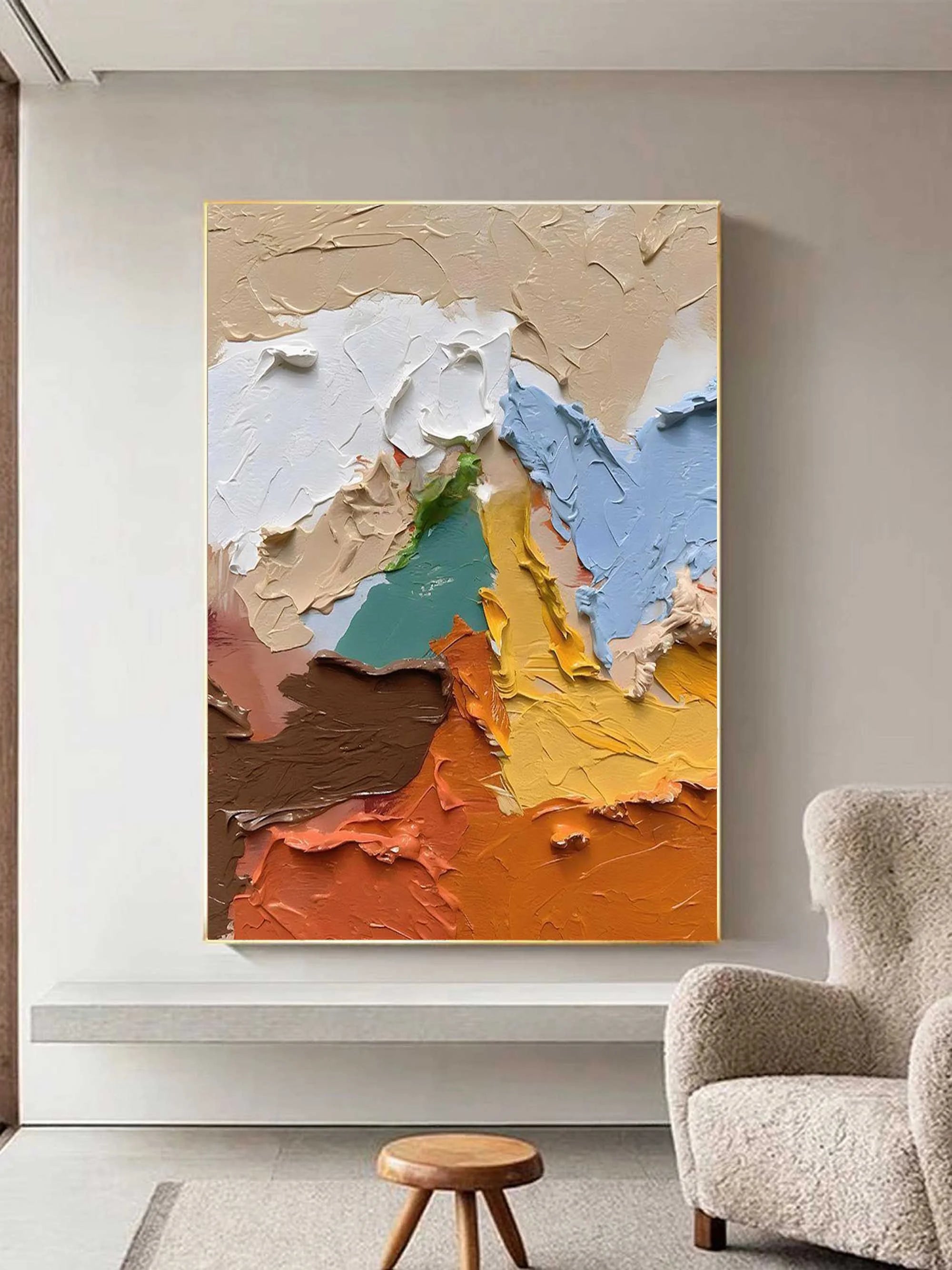 Multicolor Textured Abstract Oil Painting - Earthy Tones With Bold Palette Knife Strokes - Artwallpainting