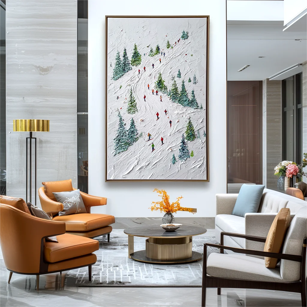 Multicolor Textured Alpine Ski Adventure | Textured Winter Sports Oil Painting - Artwallpainting