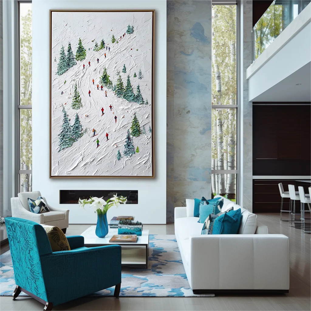 Multicolor Textured Alpine Ski Adventure | Textured Winter Sports Oil Painting - Artwallpainting