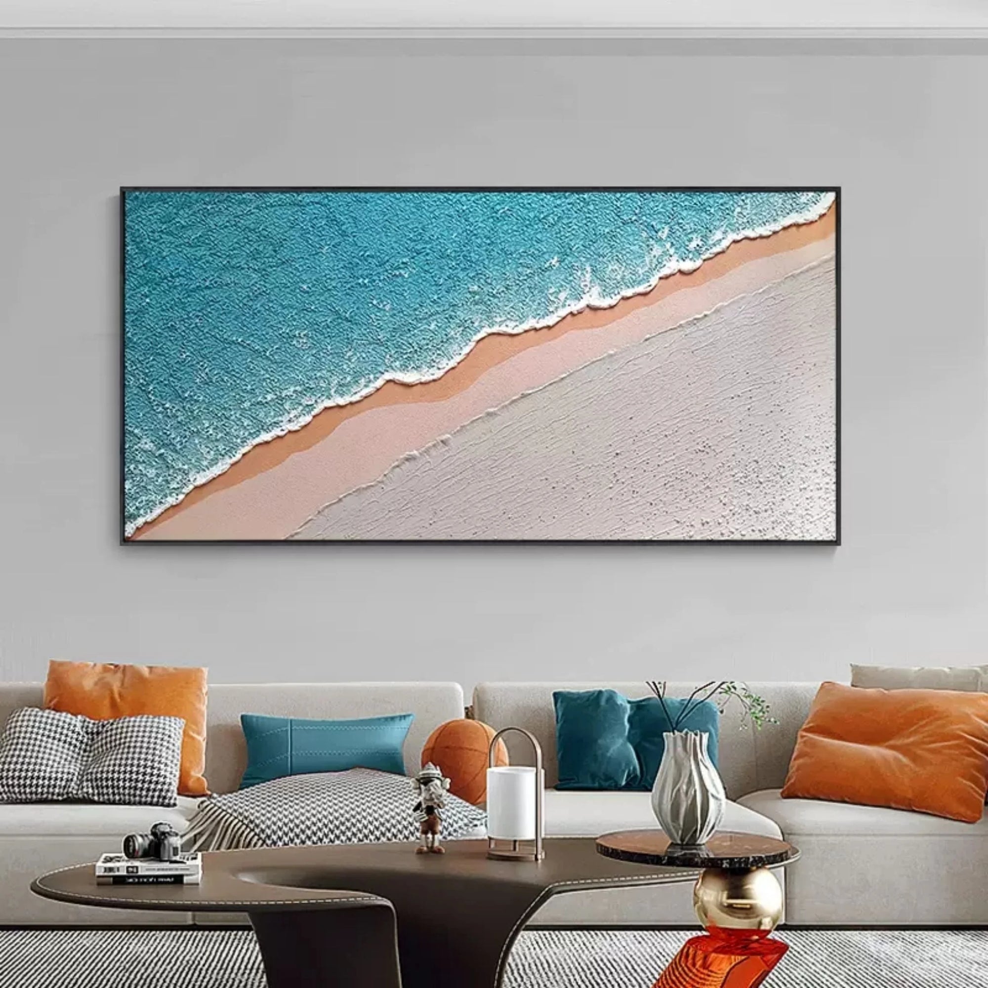 Multicolor Textured Blue Ocean And Sandy Beach Canvas Art - Artwallpainting