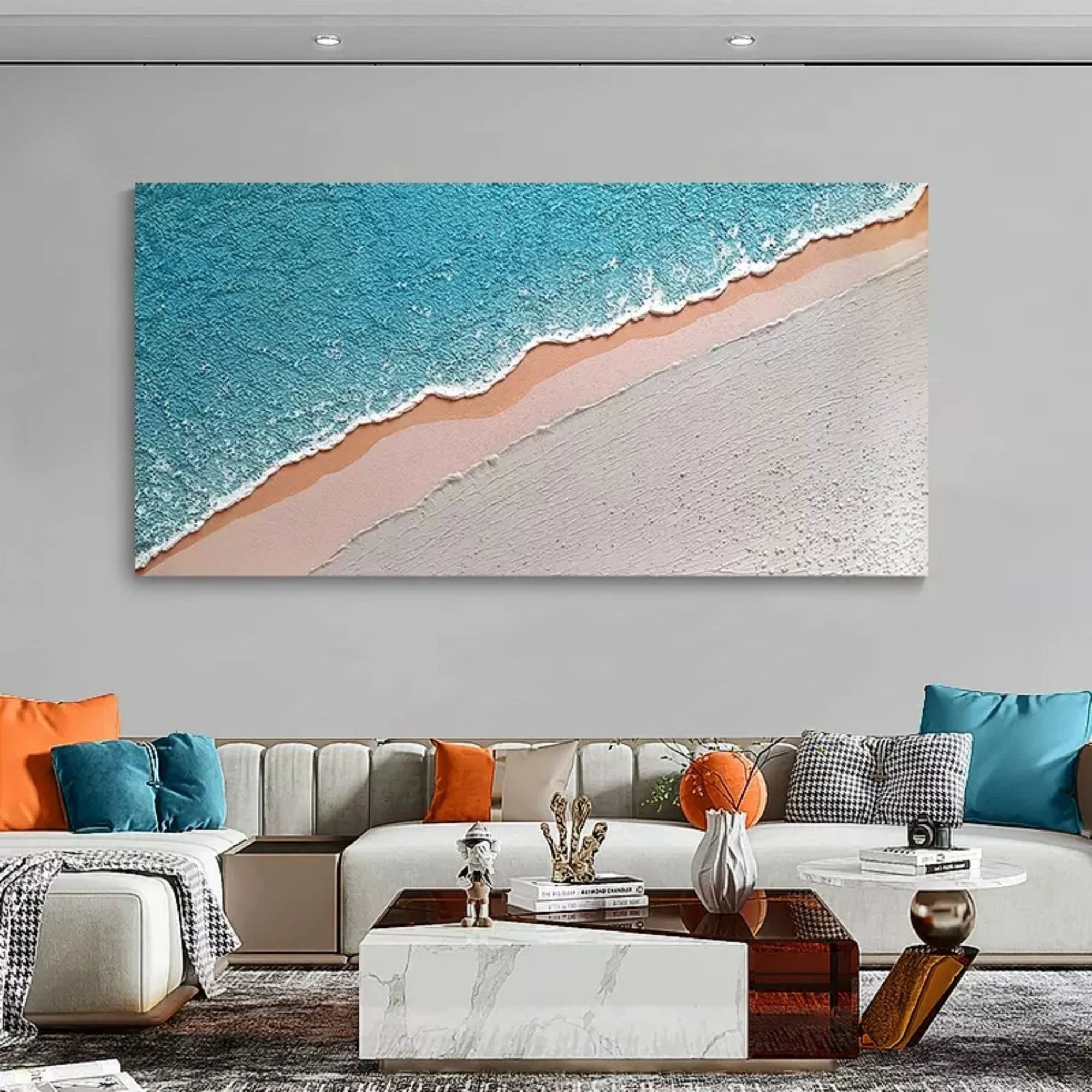 Multicolor Textured Blue Ocean And Sandy Beach Canvas Art - Artwallpainting