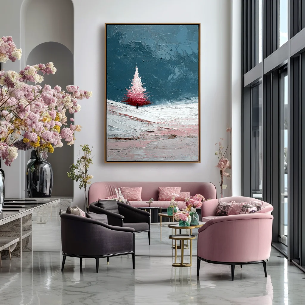 Multicolor Textured Blush Christmas Tree | Minimalist Winter Textured Oil Painting - Artwallpainting