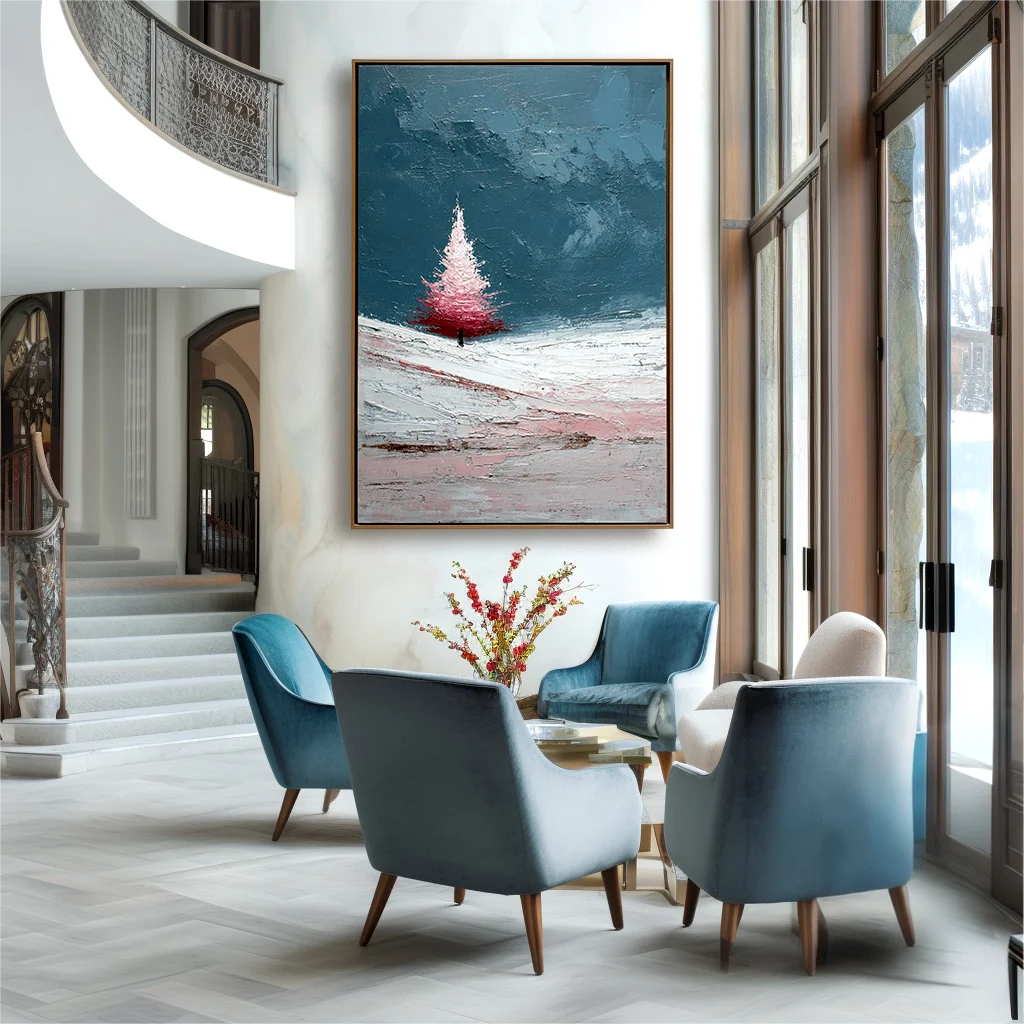 Multicolor Textured Blush Christmas Tree | Minimalist Winter Textured Oil Painting - Artwallpainting