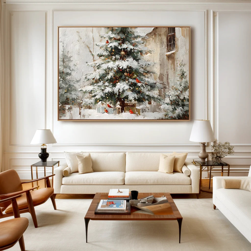 Multicolor Textured Christmas Eve Charm | Snowy Tree With Cardinals Textured Oil Painting - Artwallpainting