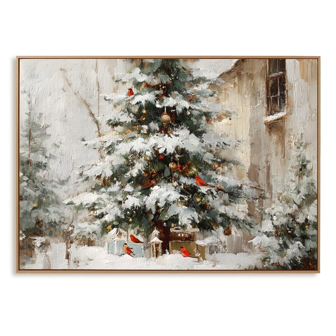 Multicolor Textured Christmas Eve Charm | Snowy Tree With Cardinals Textured Oil Painting - Artwallpainting