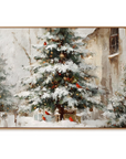 Multicolor Textured Christmas Eve Charm | Snowy Tree With Cardinals Textured Oil Painting - Artwallpainting