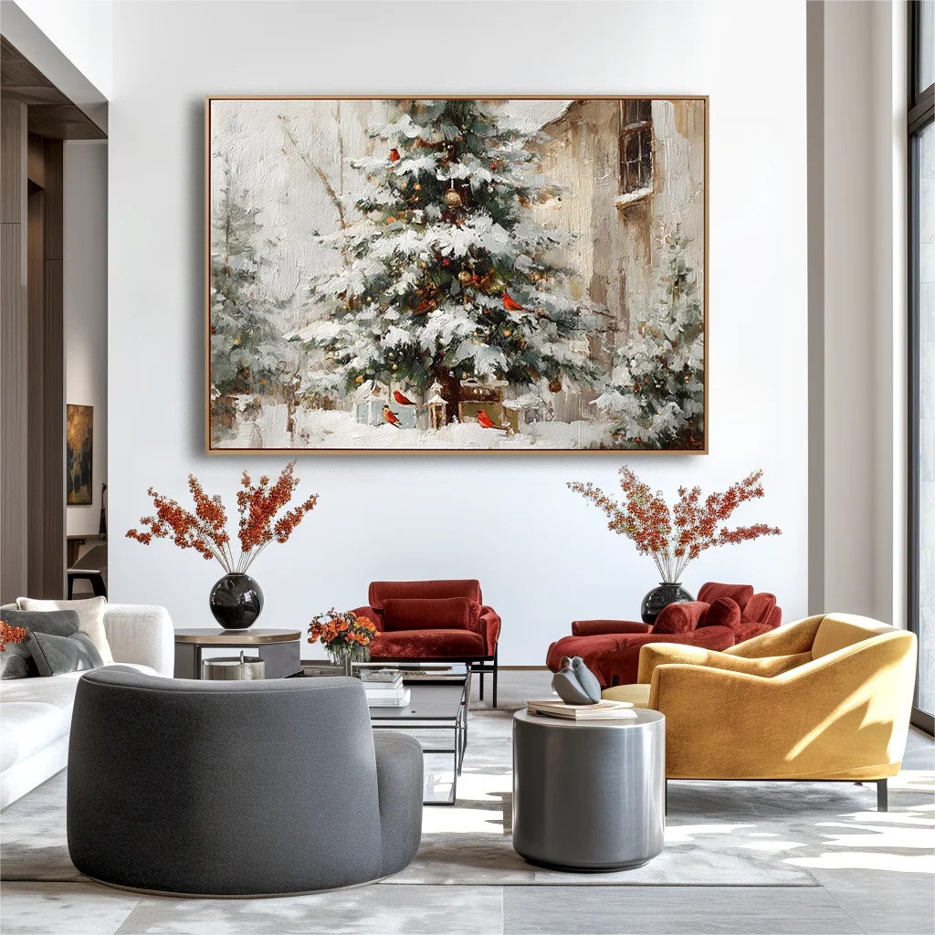 Multicolor Textured Christmas Eve Charm | Snowy Tree With Cardinals Textured Oil Painting - Artwallpainting