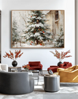 Multicolor Textured Christmas Eve Charm | Snowy Tree With Cardinals Textured Oil Painting - Artwallpainting