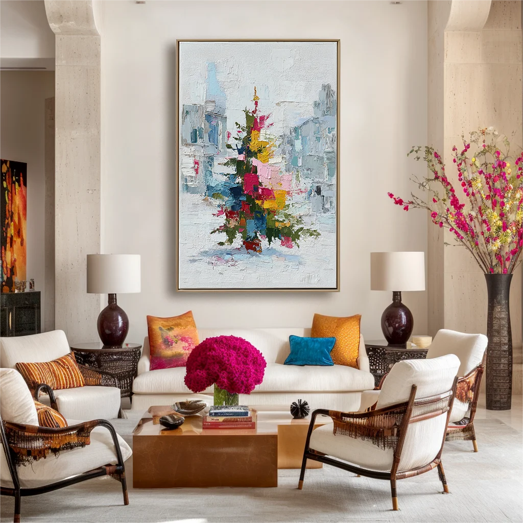 Multicolor Textured Color Symphony Christmas Tree | Abstract Textured Holiday Oil Painting - Artwallpainting