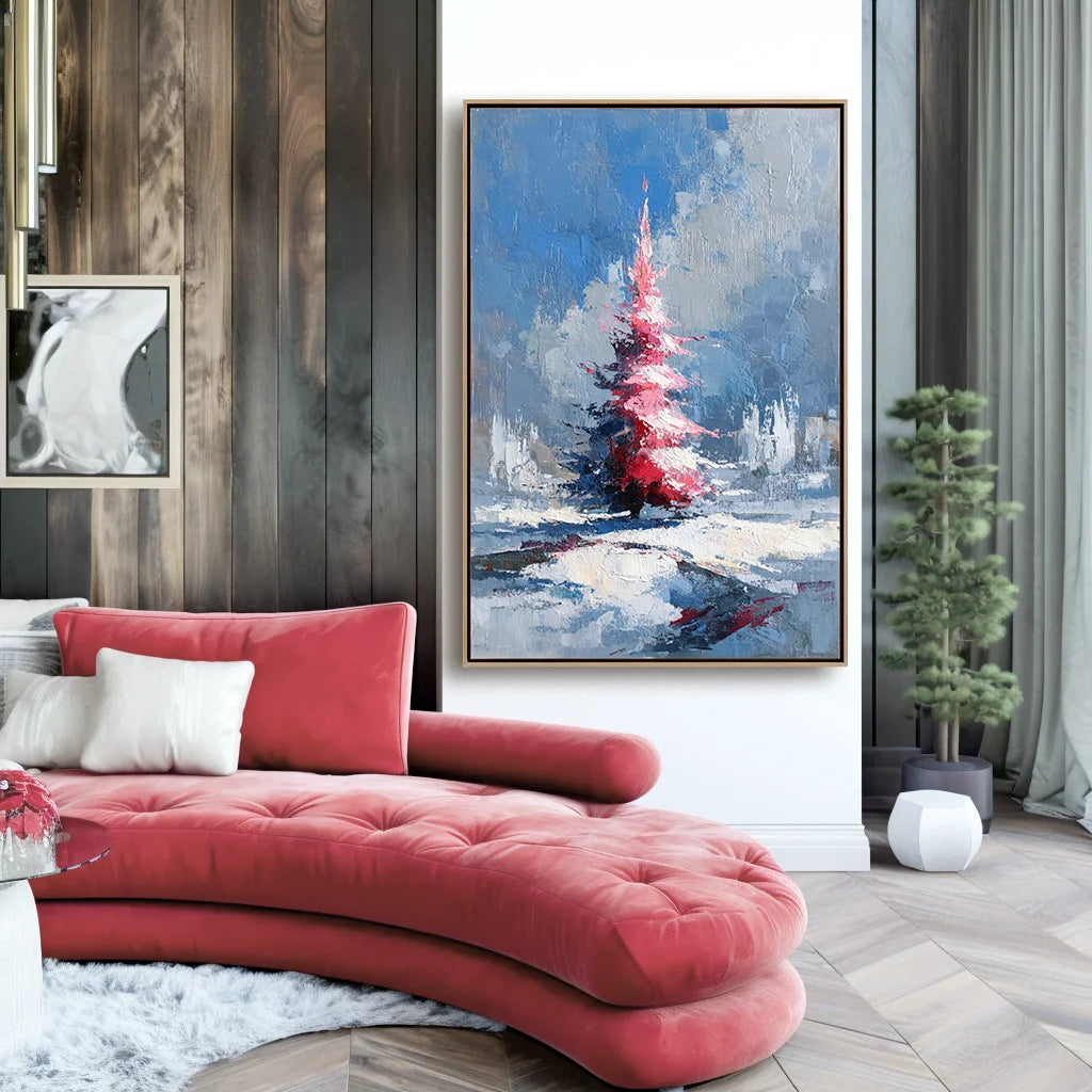 Multicolor Textured Crimson Christmas Tree | Textured Holiday Oil Painting - Artwallpainting