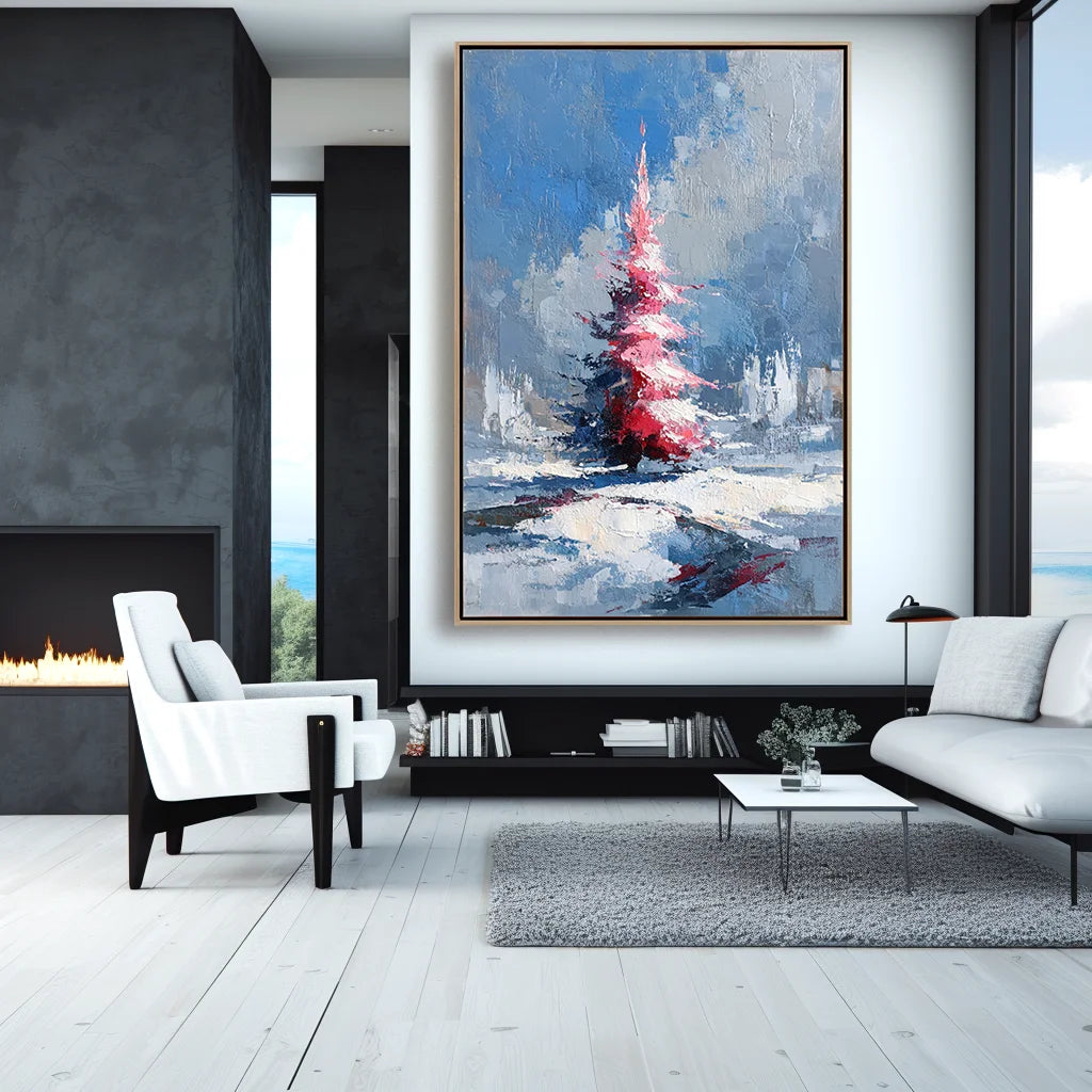 Multicolor Textured Crimson Christmas Tree | Textured Holiday Oil Painting - Artwallpainting