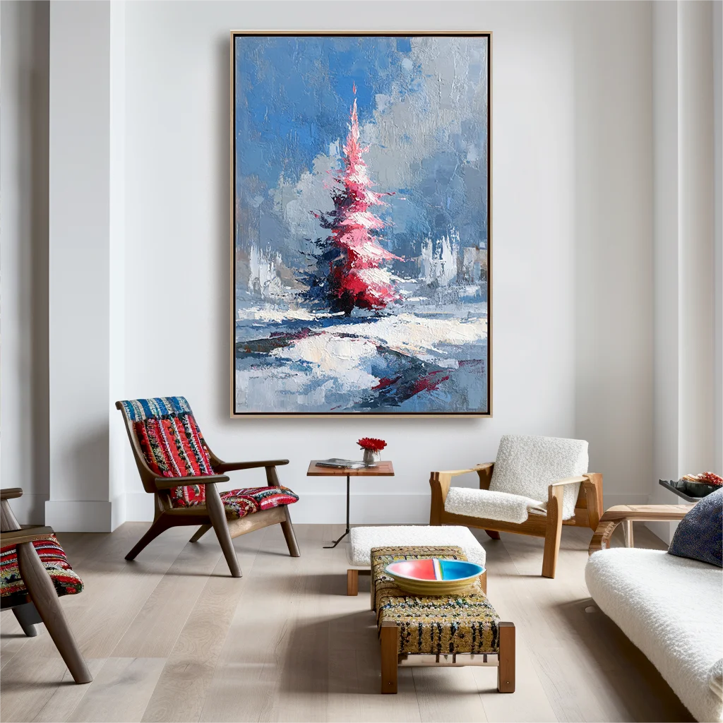 Multicolor Textured Crimson Christmas Tree | Textured Holiday Oil Painting - Artwallpainting