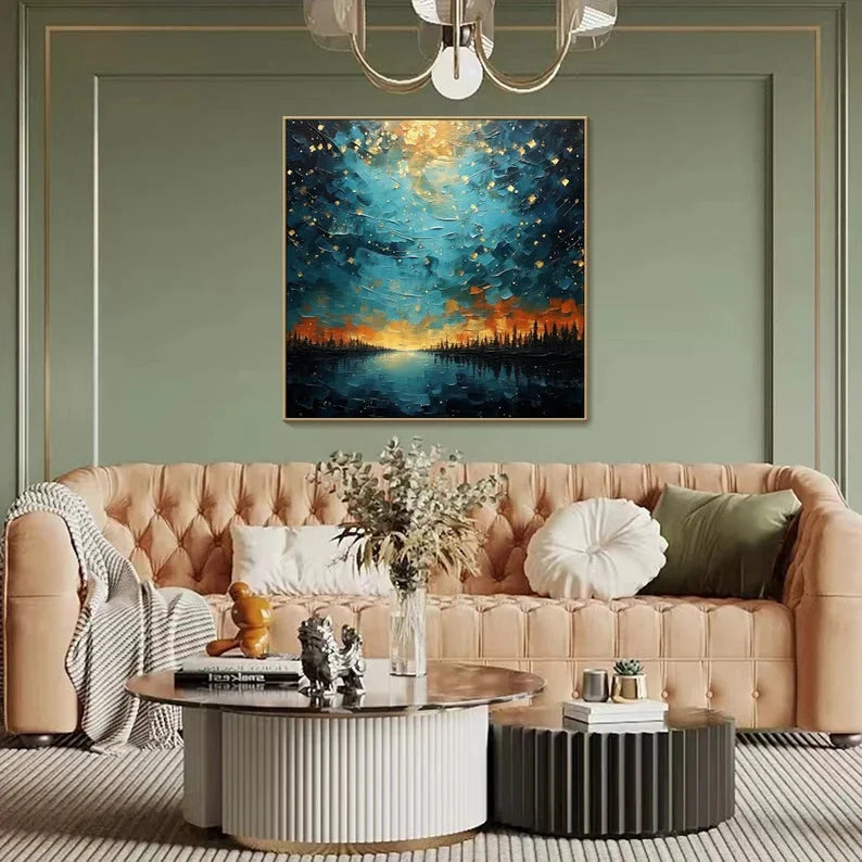 Multicolor Tranquil Forest River-Modern Dreamy Starry Sky Hand-Painted Texture Wall Art - Artwallpainting