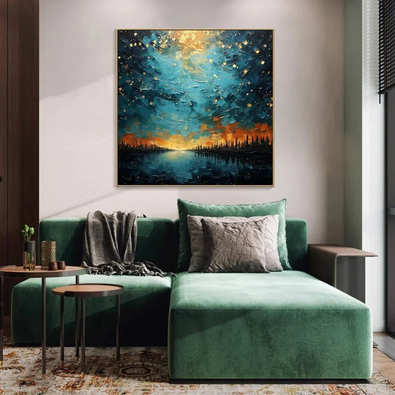 Multicolor Tranquil Forest River-Modern Dreamy Starry Sky Hand-Painted Texture Wall Art - Artwallpainting