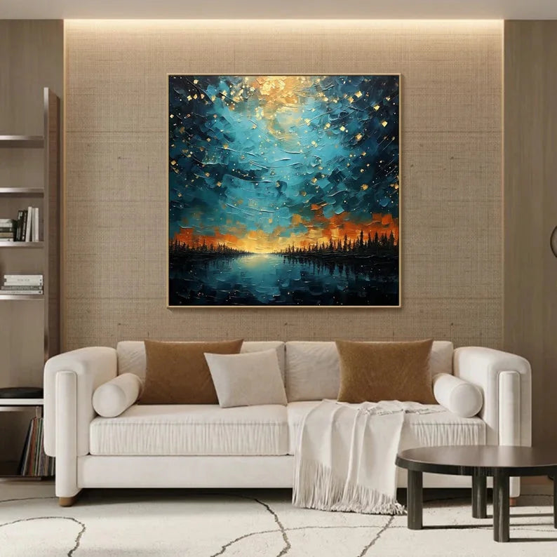 Multicolor Tranquil Forest River-Modern Dreamy Starry Sky Hand-Painted Texture Wall Art - Artwallpainting