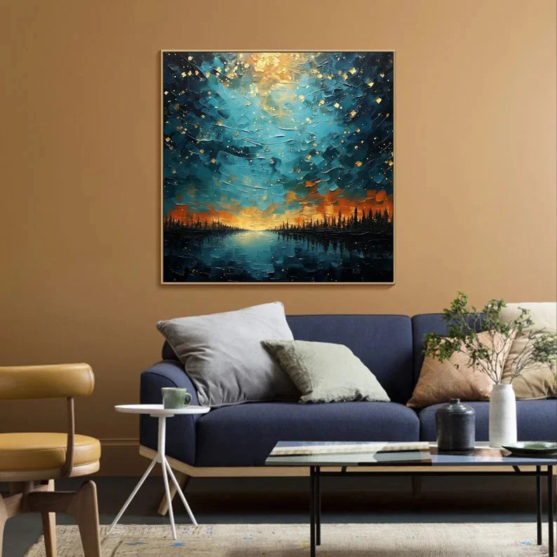 Multicolor Tranquil Forest River-Modern Dreamy Starry Sky Hand-Painted Texture Wall Art - Artwallpainting