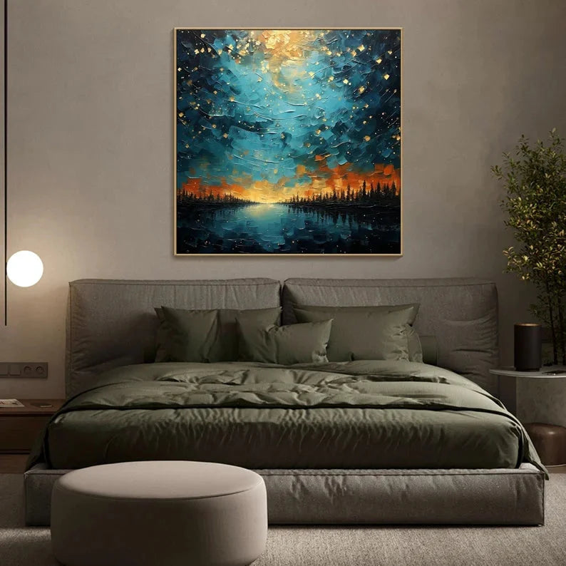 Multicolor Tranquil Forest River-Modern Dreamy Starry Sky Hand-Painted Texture Wall Art - Artwallpainting