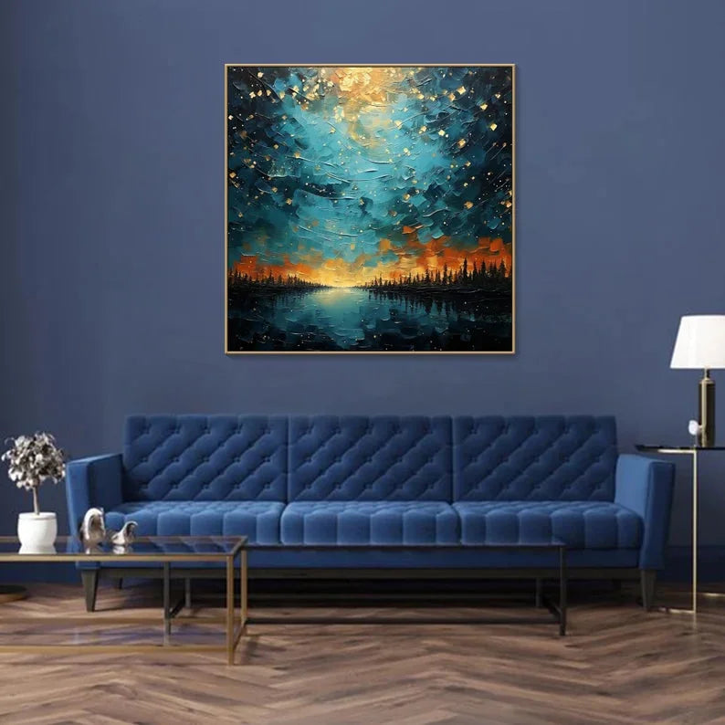 Multicolor Tranquil Forest River-Modern Dreamy Starry Sky Hand-Painted Texture Wall Art - Artwallpainting