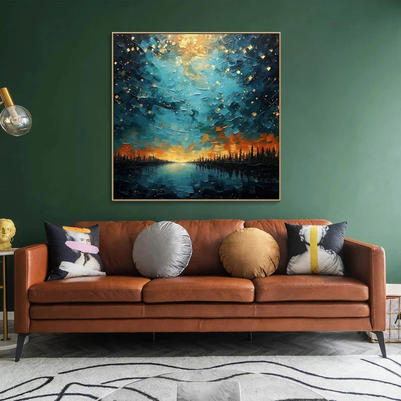Multicolor Tranquil Forest River-Modern Dreamy Starry Sky Hand-Painted Texture Wall Art - Artwallpainting