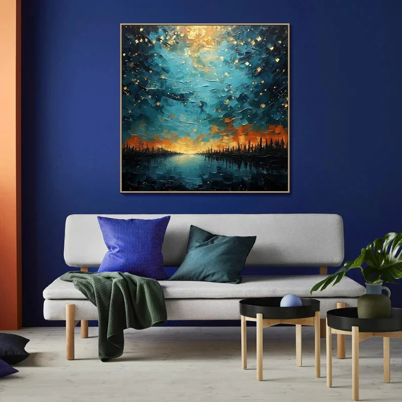 Multicolor Tranquil Forest River-Modern Dreamy Starry Sky Hand-Painted Texture Wall Art - Artwallpainting
