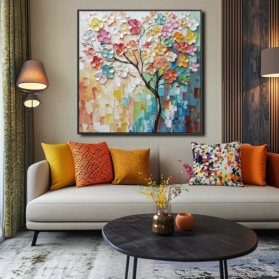 Multicolor Vibrant Blooming Tree Canvas Painting For Home Decoration - Artwallpainting