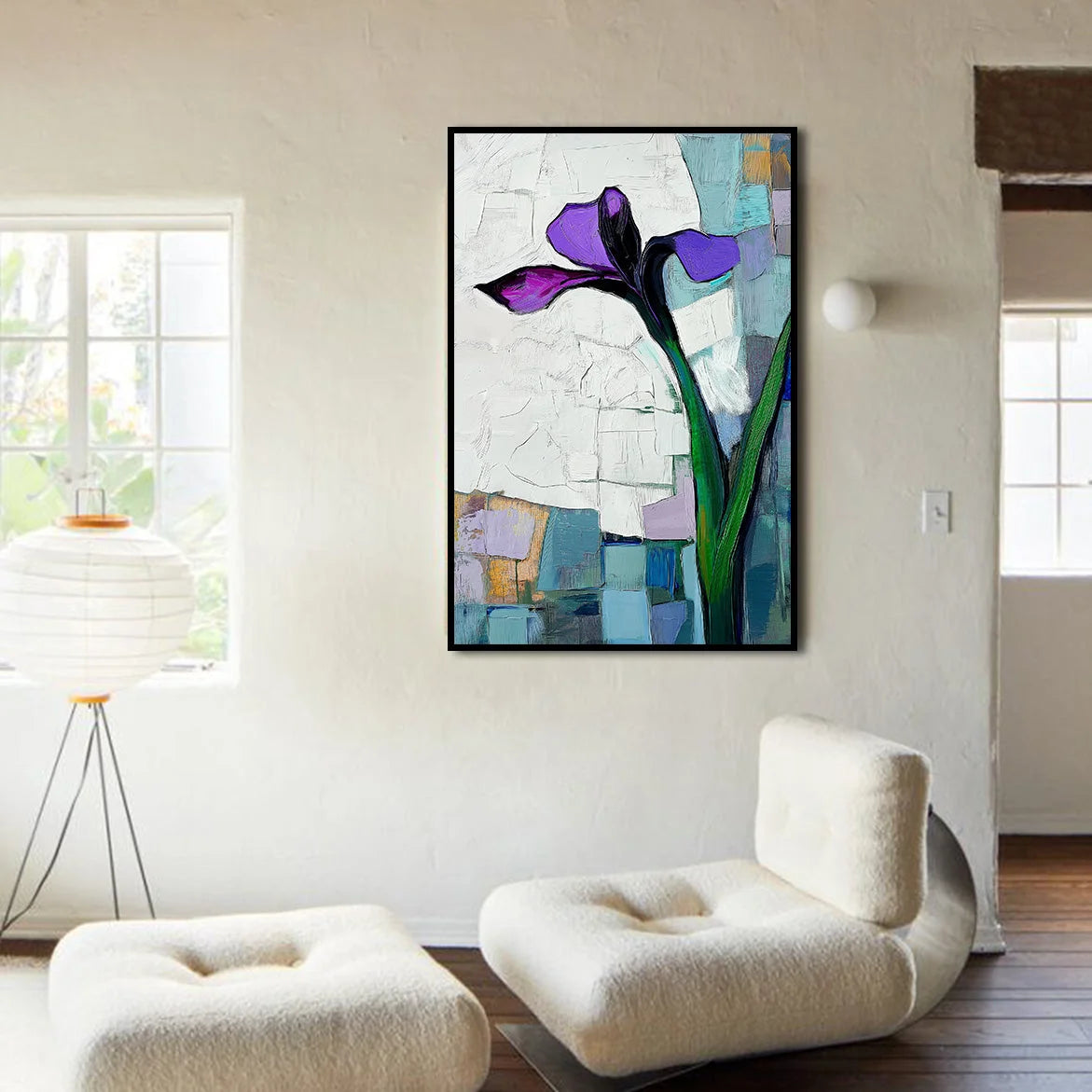 Multicolor Violet Bloom Abstract Iris Flower Textured Floral Painting Vertical Canvas Wall Art - Artwallpainting