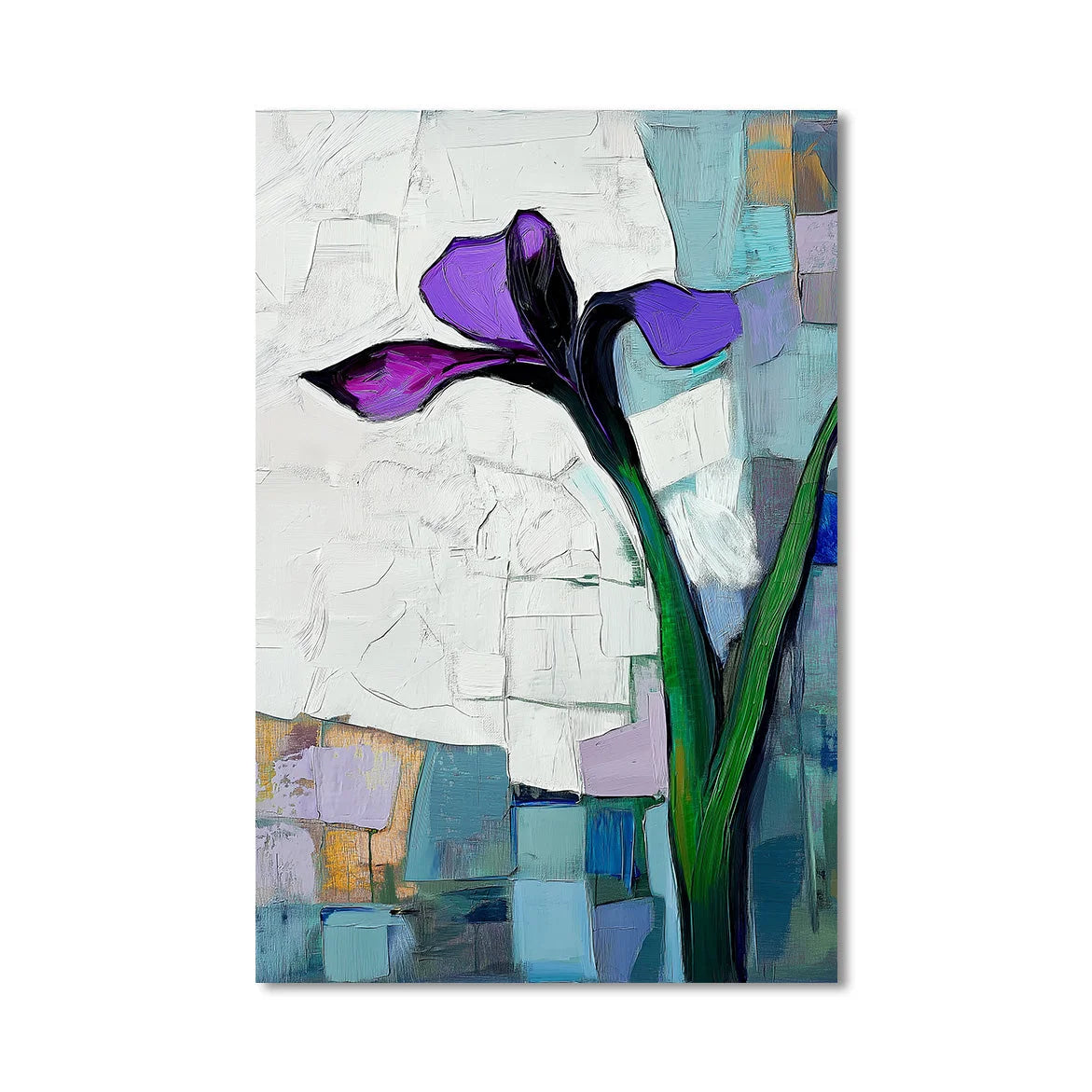 Multicolor Violet Bloom Abstract Iris Flower Textured Floral Painting Vertical Canvas Wall Art - Artwallpainting
