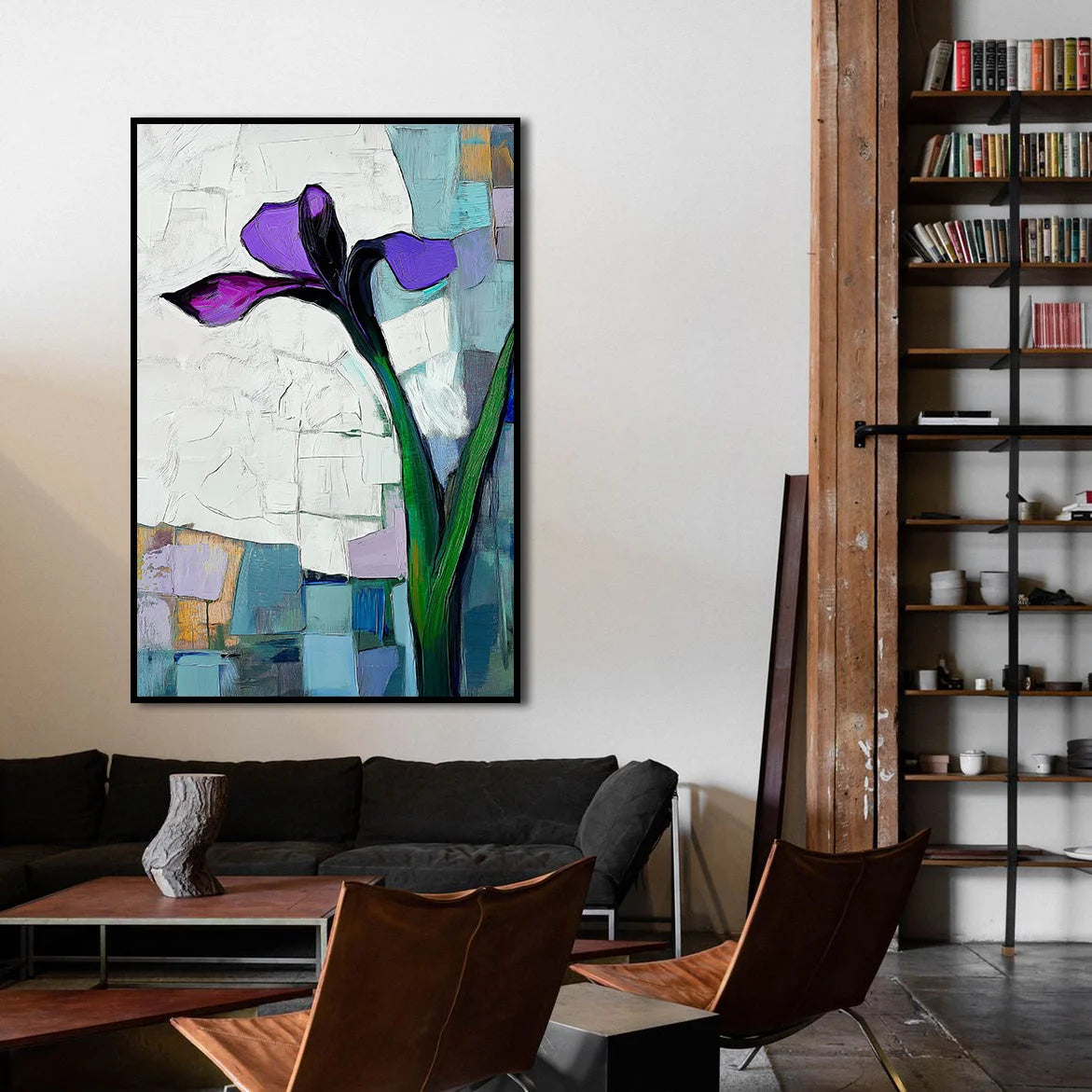 Multicolor Violet Bloom Abstract Iris Flower Textured Floral Painting Vertical Canvas Wall Art - Artwallpainting