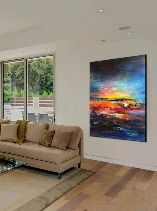 Multicolor Vivid Horizon-Hand-Painted Abstract Wall Art Featuring The Glow Of The Sunset Over The Ocean Waves - Artwallpainting