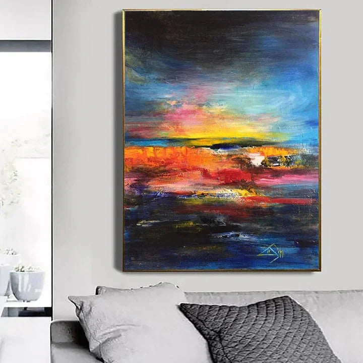 Multicolor Vivid Horizon-Hand-Painted Abstract Wall Art Featuring The Glow Of The Sunset Over The Ocean Waves - Artwallpainting