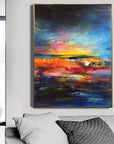 Multicolor Vivid Horizon-Hand-Painted Abstract Wall Art Featuring The Glow Of The Sunset Over The Ocean Waves - Artwallpainting