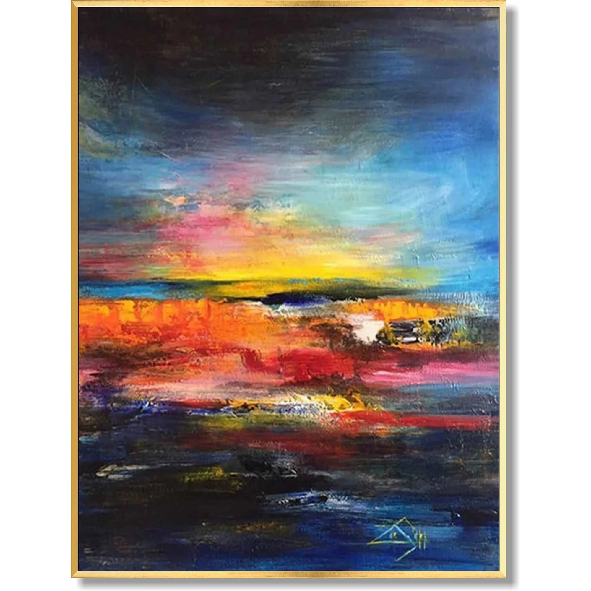 Multicolor Vivid Horizon-Hand-Painted Abstract Wall Art Featuring The Glow Of The Sunset Over The Ocean Waves - Artwallpainting