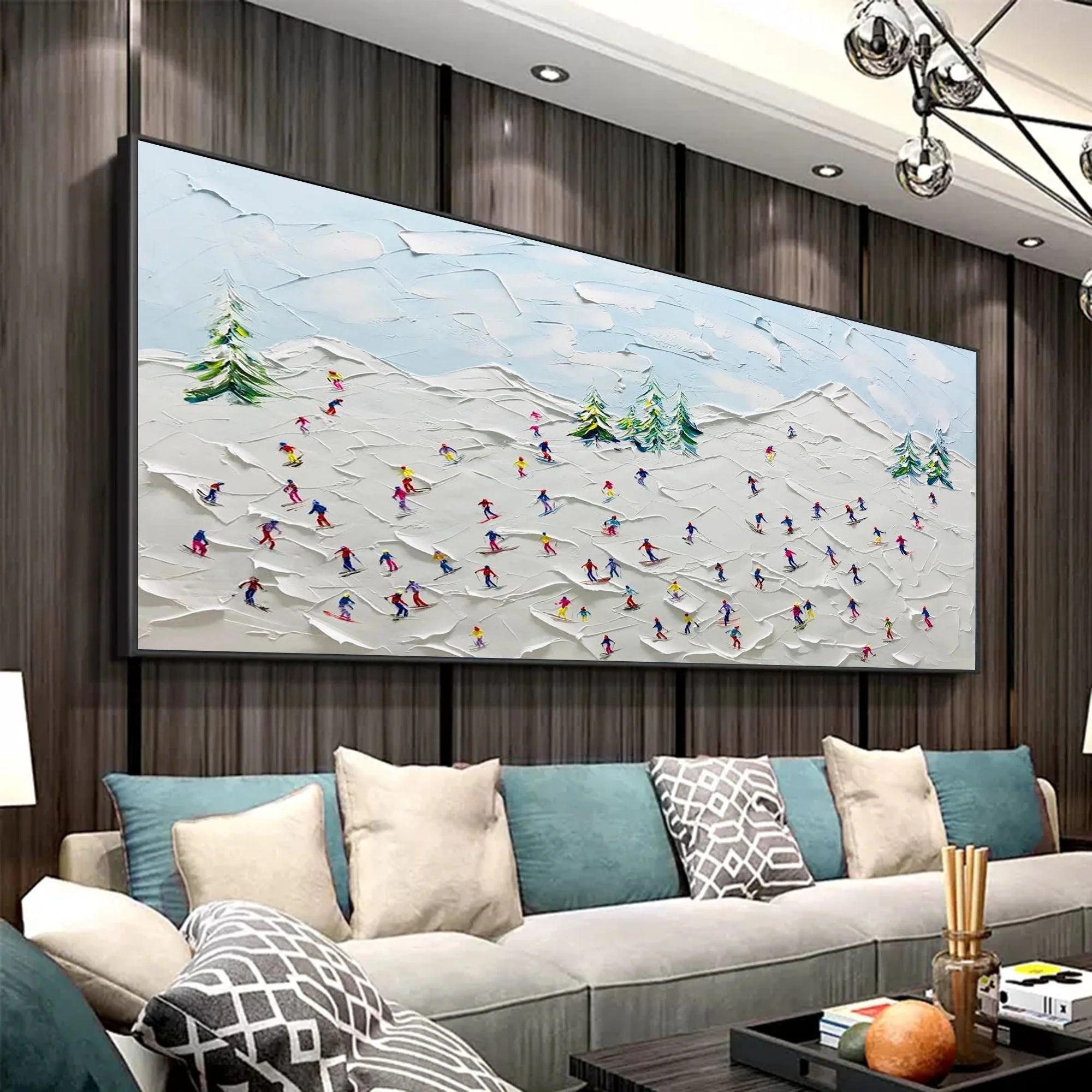 Multicolor Winter Joy Textured Skiers On Snowy Hills - Artwallpainting