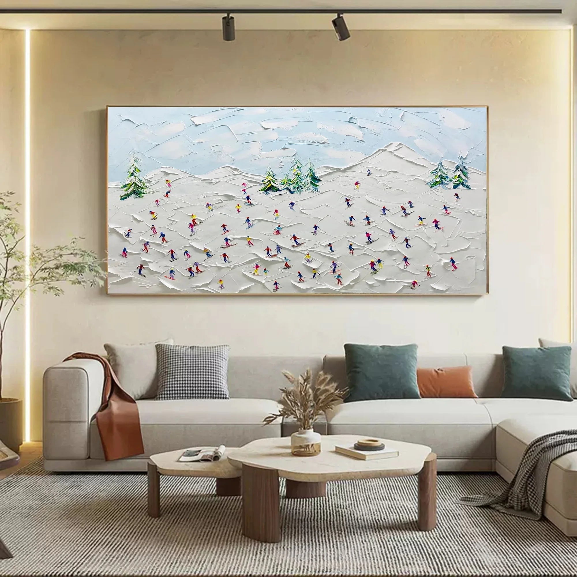 Multicolor Winter Joy Textured Skiers On Snowy Hills - Artwallpainting