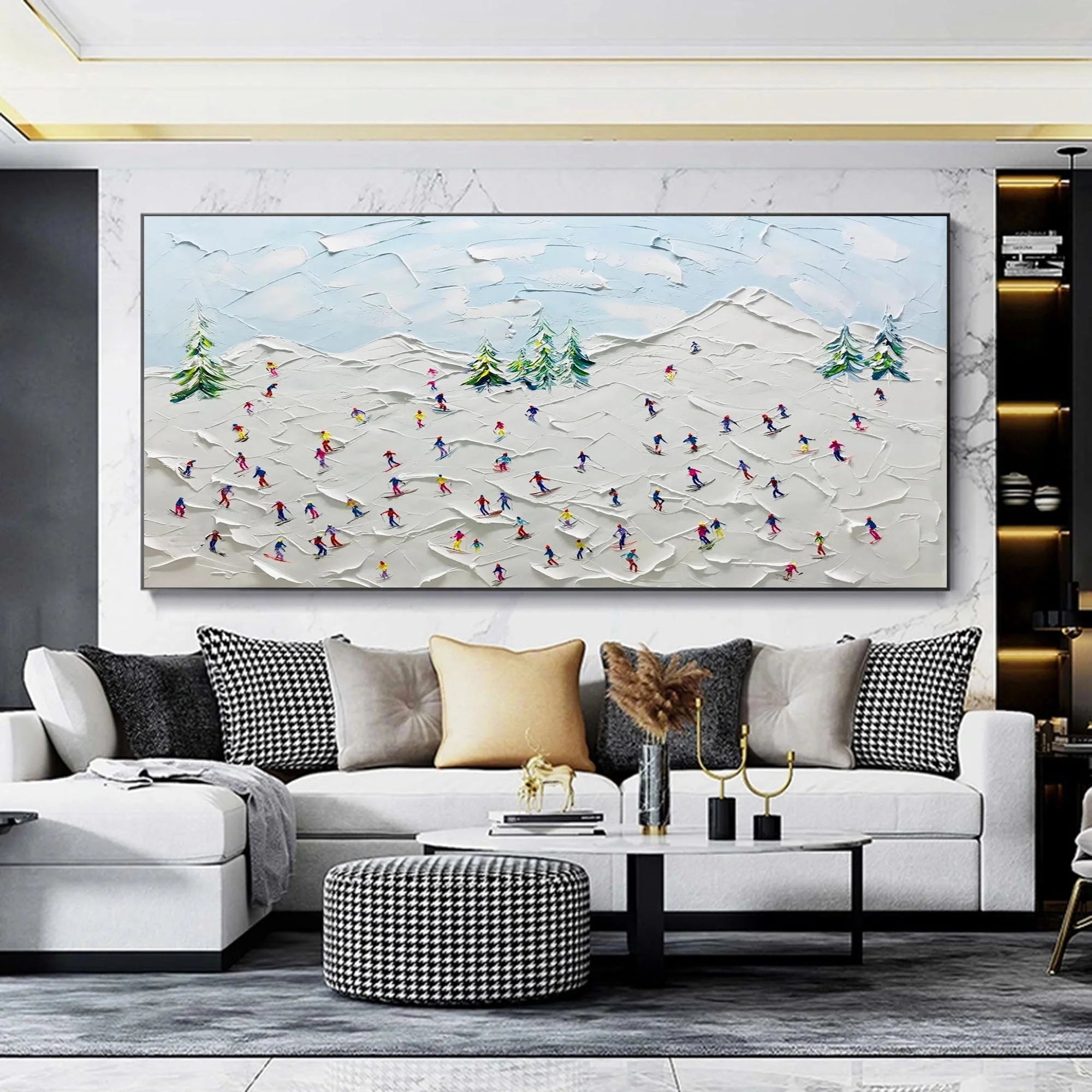 Multicolor Winter Joy Textured Skiers On Snowy Hills - Artwallpainting