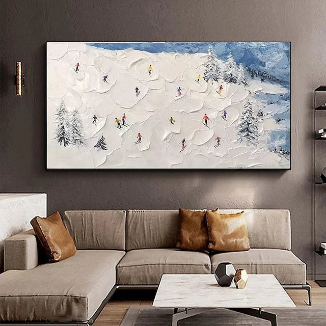 Multicolor Winter Sports Adventure-Hand-Painted Abstract Oil Painting Of A Snowy Skiing Scene Wall Art - Artwallpainting