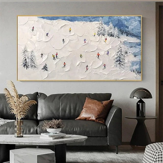 Multicolor Winter Sports Adventure-Hand-Painted Abstract Oil Painting Of A Snowy Skiing Scene Wall Art - Artwallpainting
