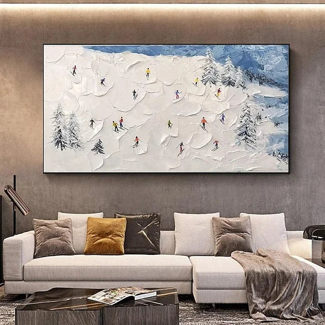 Multicolor Winter Sports Adventure-Hand-Painted Abstract Oil Painting Of A Snowy Skiing Scene Wall Art - Artwallpainting