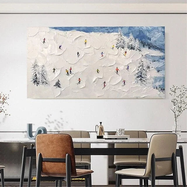 Multicolor Winter Sports Adventure-Hand-Painted Abstract Oil Painting Of A Snowy Skiing Scene Wall Art - Artwallpainting