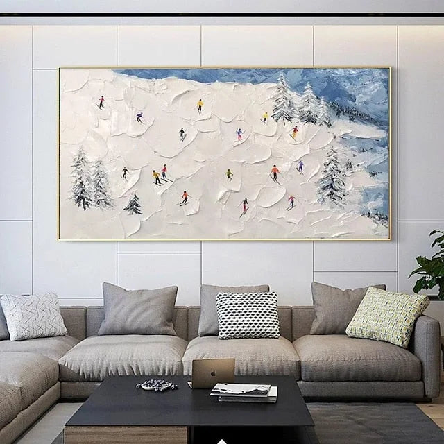 Multicolor Winter Sports Adventure-Hand-Painted Abstract Oil Painting Of A Snowy Skiing Scene Wall Art - Artwallpainting