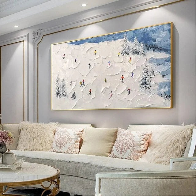 Multicolor Winter Sports Adventure-Hand-Painted Abstract Oil Painting Of A Snowy Skiing Scene Wall Art - Artwallpainting
