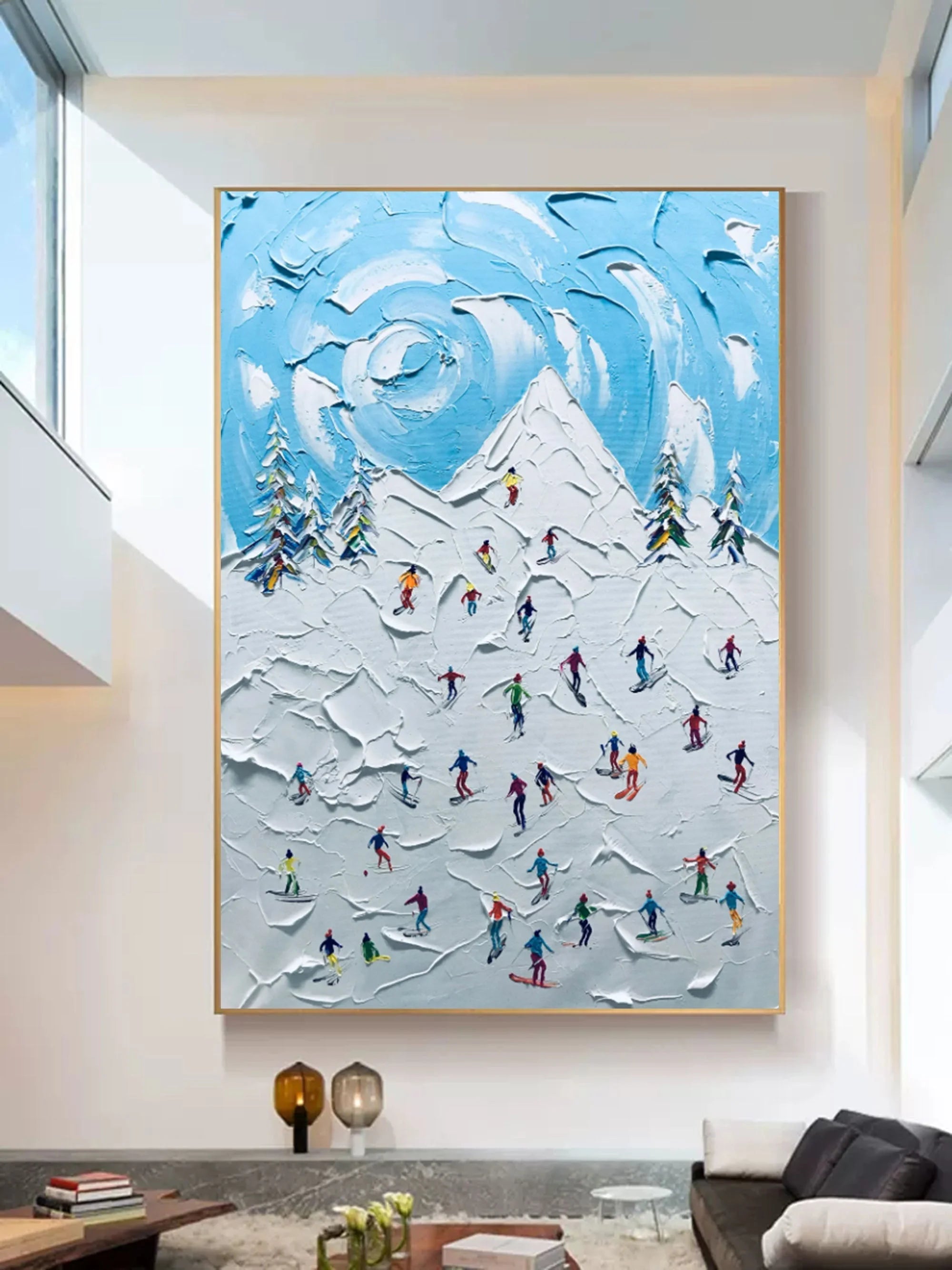 Multicolor Winter Symphony Textured Ski Crowd Art - Artwallpainting