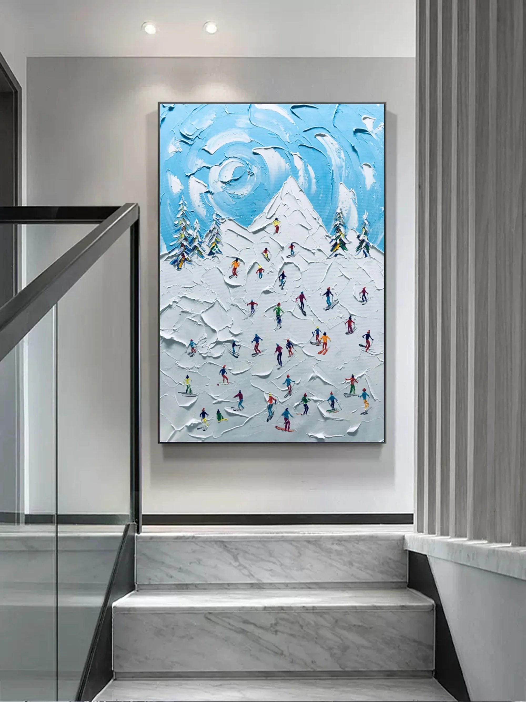 Multicolor Winter Symphony Textured Ski Crowd Art - Artwallpainting
