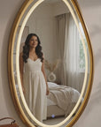 Teak Wood LED Wall Mirror 48 x 32 Inch | Large Designer Wooden Mirror with LED Light for Bedroom & Home Decor