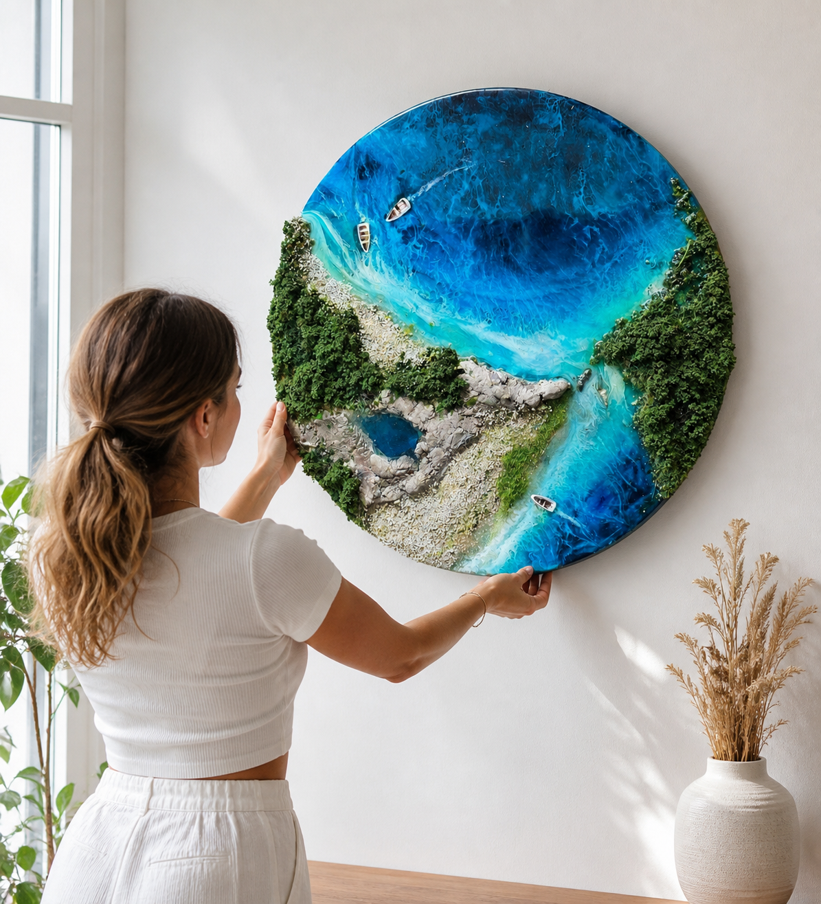 Luxury Ocean &amp; Greenery Resin Wall Art | 3D Natural Landscape Statement Art