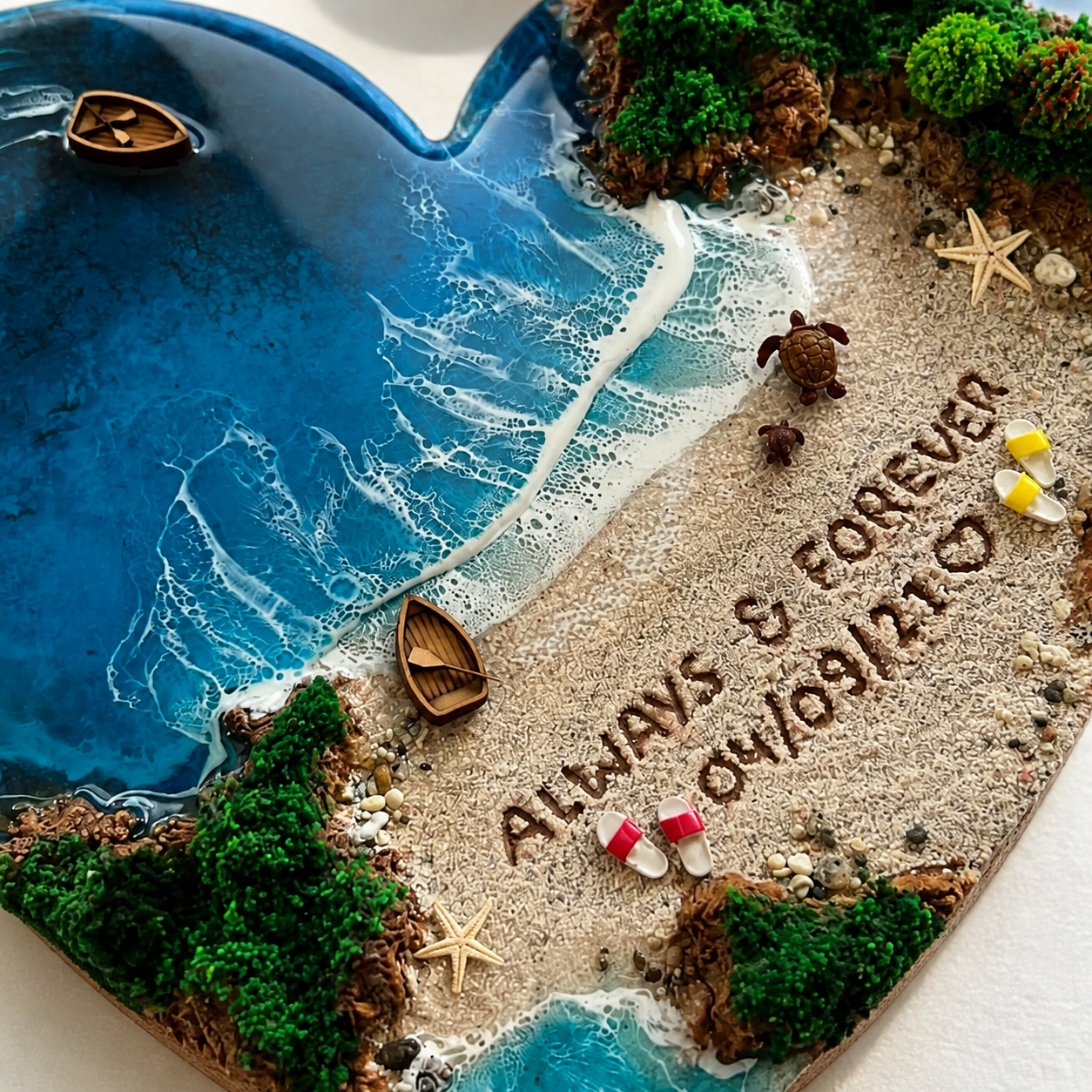 3D tropical beach resin art with boats and greenery